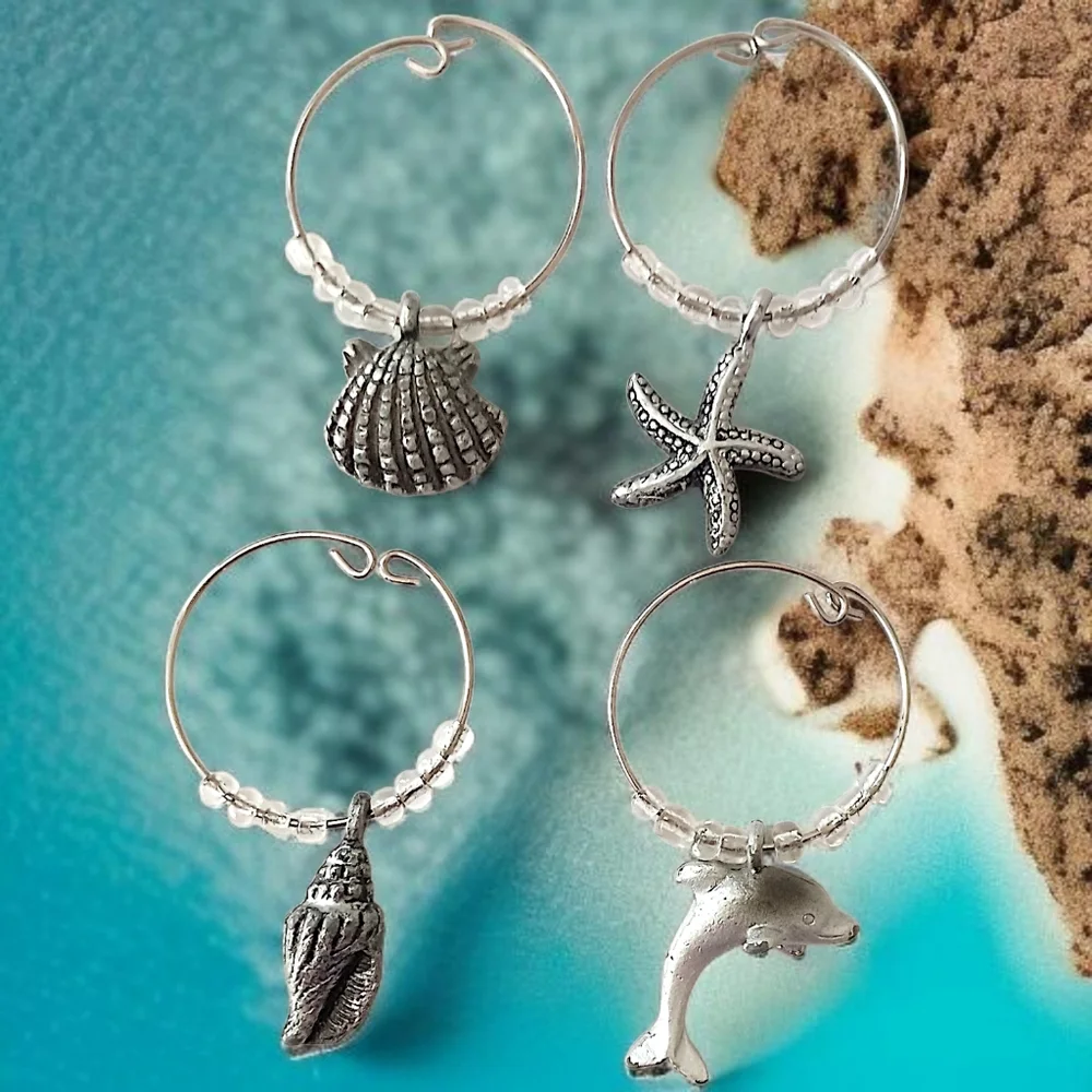 4 Beach Themed Wine Glass Charms Vintage Y2K Silver Tone Beaded Coastal Nautical